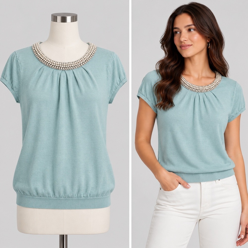 Ann Taylor Pearl Embellished Merino Wool Sweater Women M Blue Short Sleeve Zip